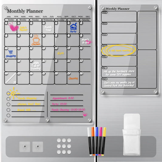 Magnetic Calendar for Refrigerator, Thick Acrylic Fridge Calendar with Strong Magnets, Clear Dry Erase White Board, 2in1 Monthly Weekly Planner, Family Organizer with 5 Color Visible Marker (Black)