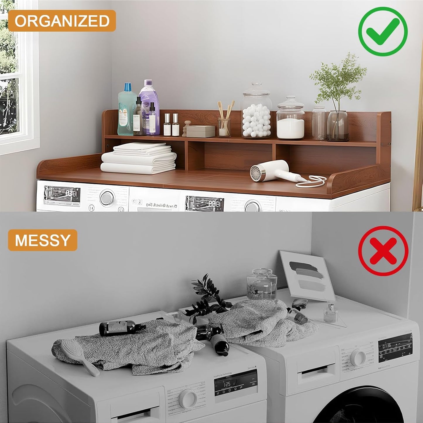 Washer Dryer Countertop with Shelf, 2-Tier Laundry Countertop Over Washer and Dryer, 54" x 27.55" Wooden Table for Folding Clothes for Laundry Room Organization and Storage (Oak)