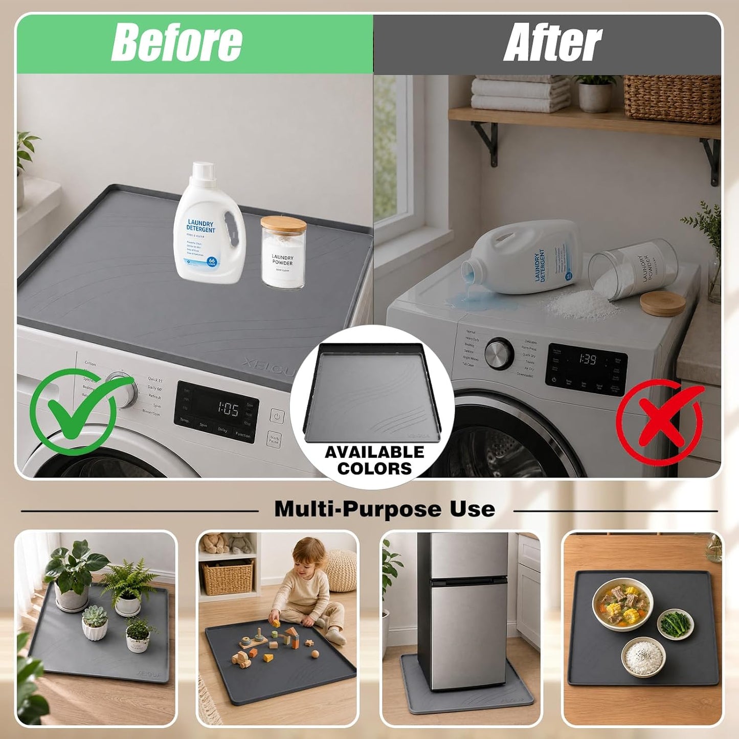 Washing Machine Pan, Drain Pan, Large 33×30/4 LBS Silicone Drain Pan, Waterproof Non-Slip Drip Tray with Raised Edge, Anti-Vibration Floor Leak Protector for Washer, Dryer and Laundry Room