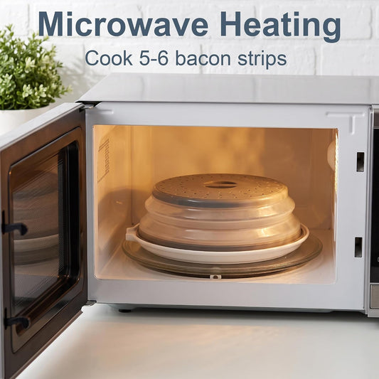 ONEMORE Microwave Bacon Cooker, 13" Ceramic Bacon Tray with Splatter Cover