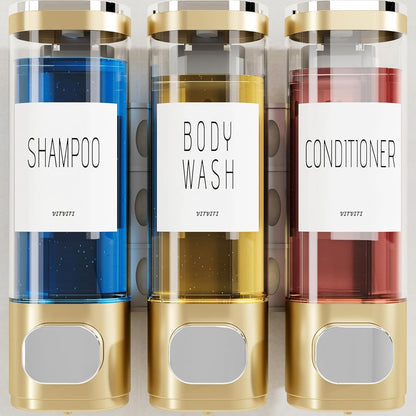 Shampoo and Conditioner Dispenser for Shower Wall Mount 3 Chamber, Black | Shower Soap Dispenser for Wall, 10.2 OZ Plastic Refillable Body Wash Bottles for Bathroom, No Drill Wall Mounted