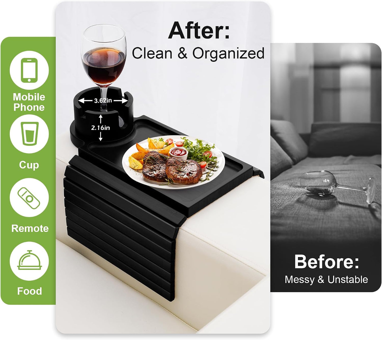 Couch Cup Holder - 3 in 1 Sofa Arm Tray with 360° Rotating Cup Holder & Phone Stand,Arm Chair Rest Table Fits Various of Large Width Couches Armrest,Anti-Slip Foldable Couch Tray for Drinks