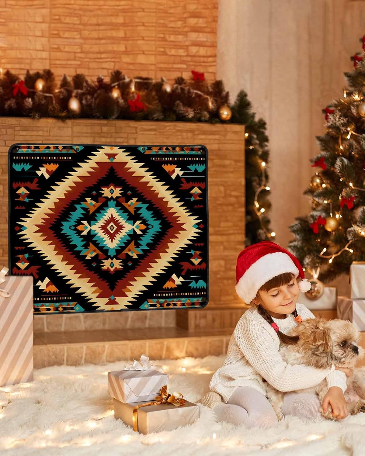 Western Aztec Magnetic Fireplace Cover Decorative Indoor For Brick Fireplace, Rustic Tribal Southwestern Boho Ethnic Insulation Fireplace Blocker Blanket Draft Stop Hot Heat Save Energy, 36"Wx27"H