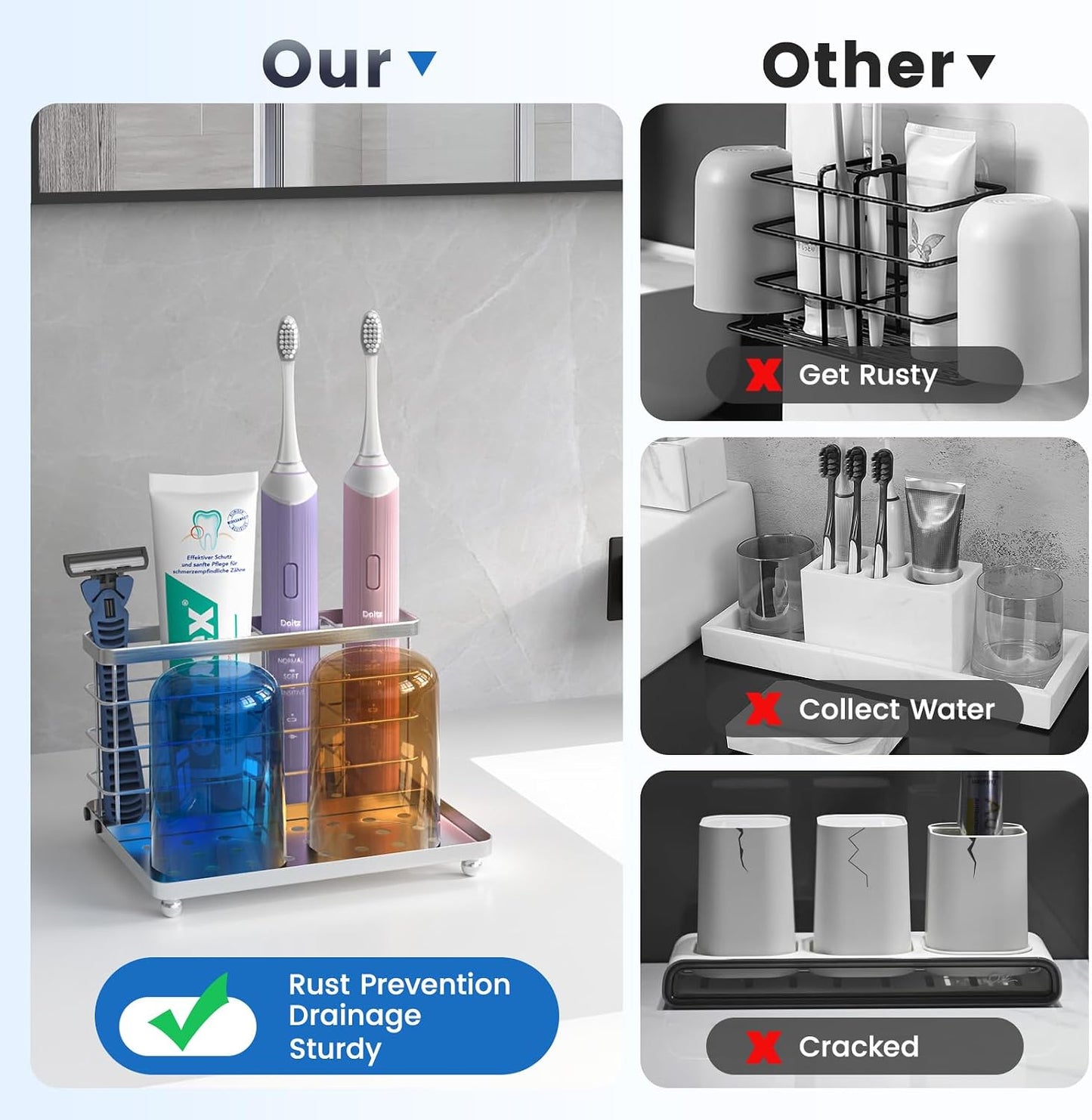 Luxspire Toothbrush Holders for Bathroom, Stainless Steel, 6 Slots, Black | Toothbrush Holders With Drainage, For Bathroom Countertop & Kitchen Sink, Bathroom Accessories