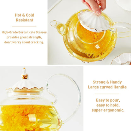 DUJUST Blooming Tea Pot Set, Luxury British Design with Relief Decor & Gold Trims, Hand-Crafted Clear Teapot with Warmer, 40oz Glass Teapot with Infuser, Stove-Safe Tea Party Gift & Home - Black
