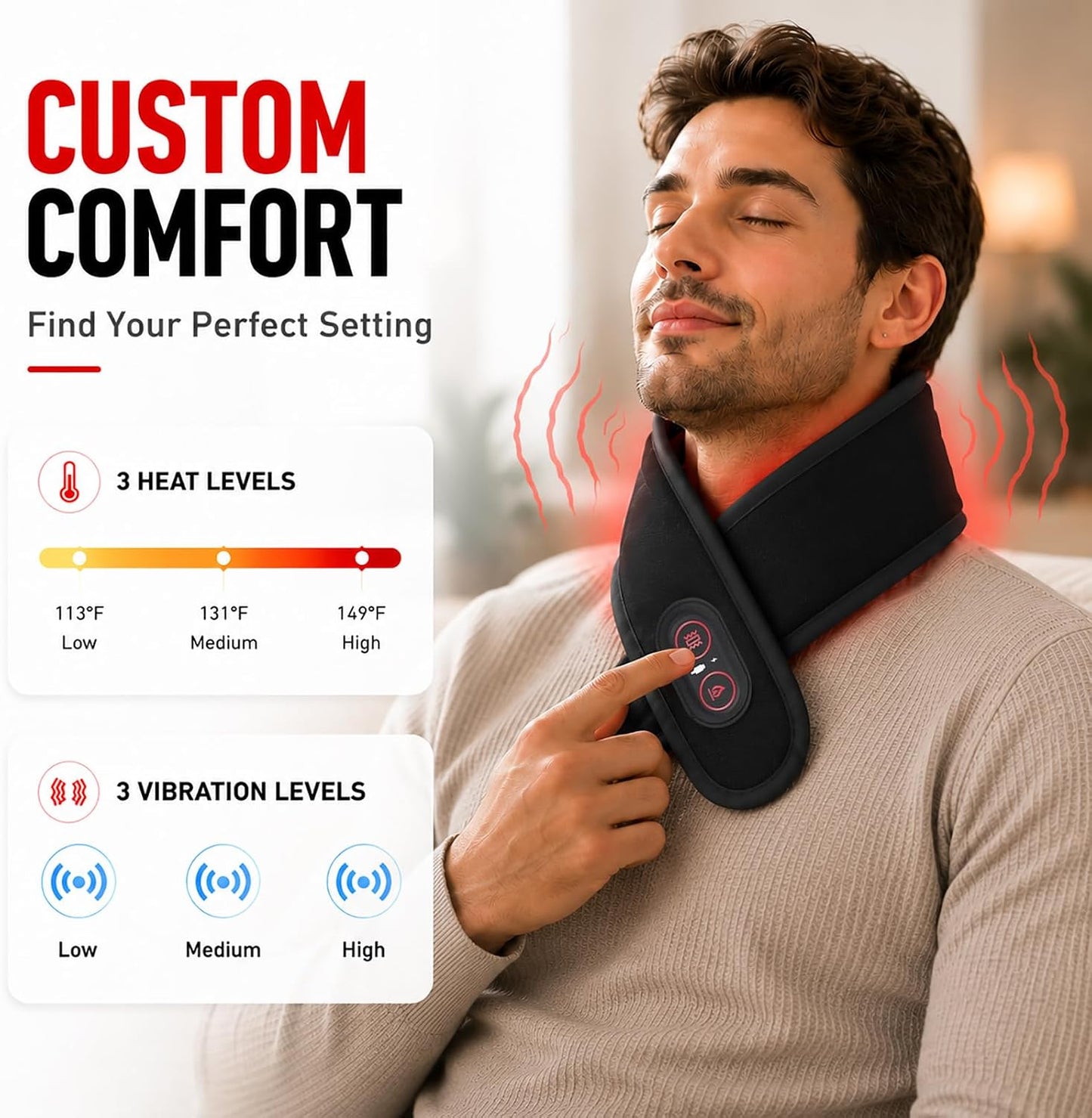 Neck Heating Pad for Pain, Cordless Neck Massager with 660nm 850nm Red Light, 3000mAh Battery and 3 Levels Heat & Massage Heated Neck Brace Wrap for Soreness Stiffness Relief Pain