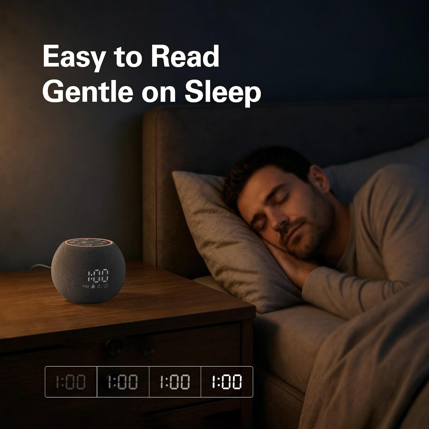 Zarler Sound Machine Alarm Clock for Bedroom, White Noise Machine Soothing Sounds for Sleep, Gentle Alarms for Wake Up, Dimmable Clock Display, Ambient Night Light, Plug in Bedside for Sleeping Adults