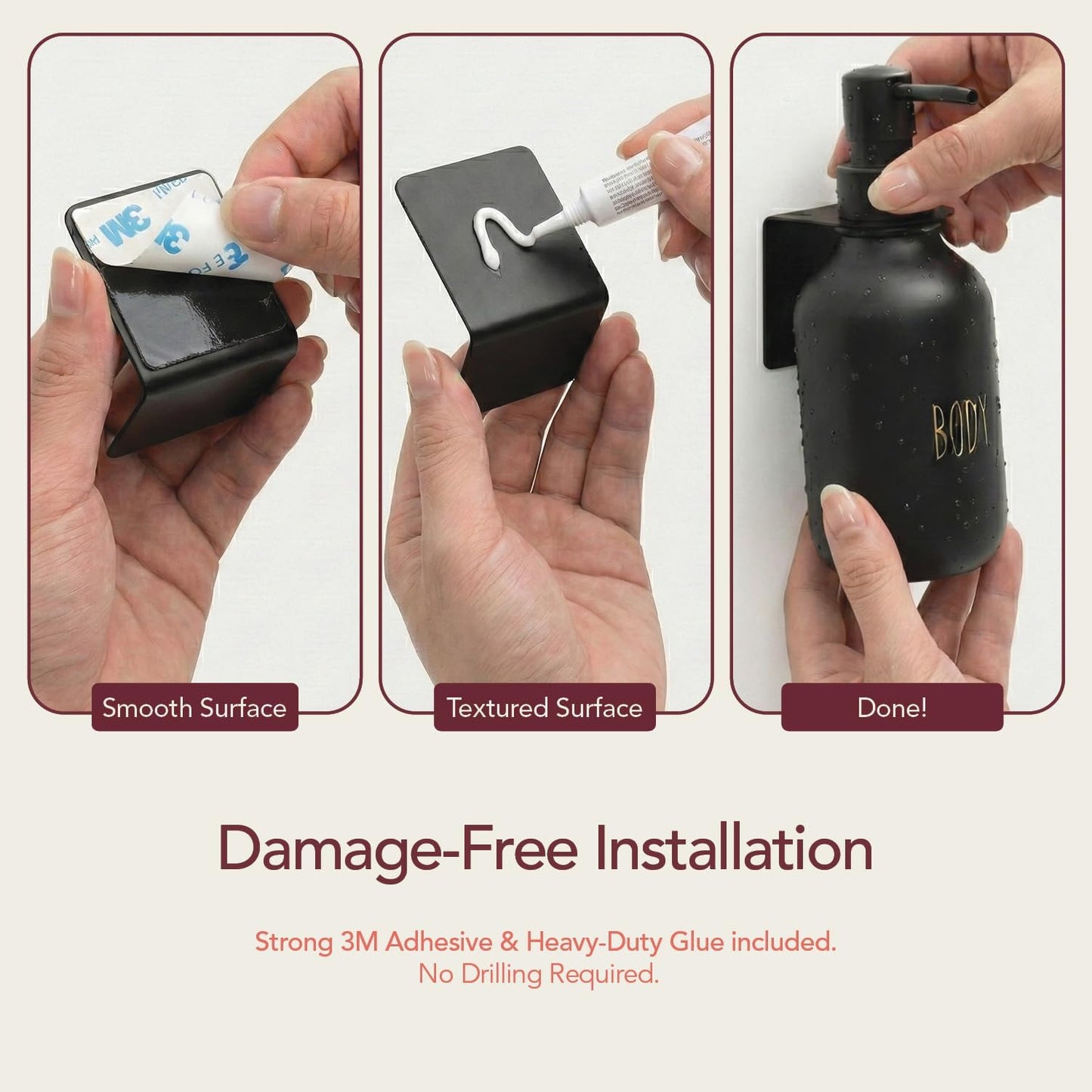 Black Soap Dispenser Set for Bathroom – 3-Packs Refillable Bottle Set, Soft Touch Pump Bottles Wall Mount Hooks Stickers Glue with Vanity Sink Placement Modern Design