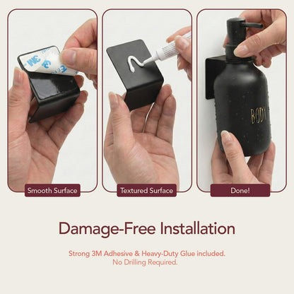 Black Soap Dispenser Set for Bathroom – 3-Packs Refillable Bottle Set, Soft Touch Pump Bottles Wall Mount Hooks Stickers Glue with Vanity Sink Placement Modern Design