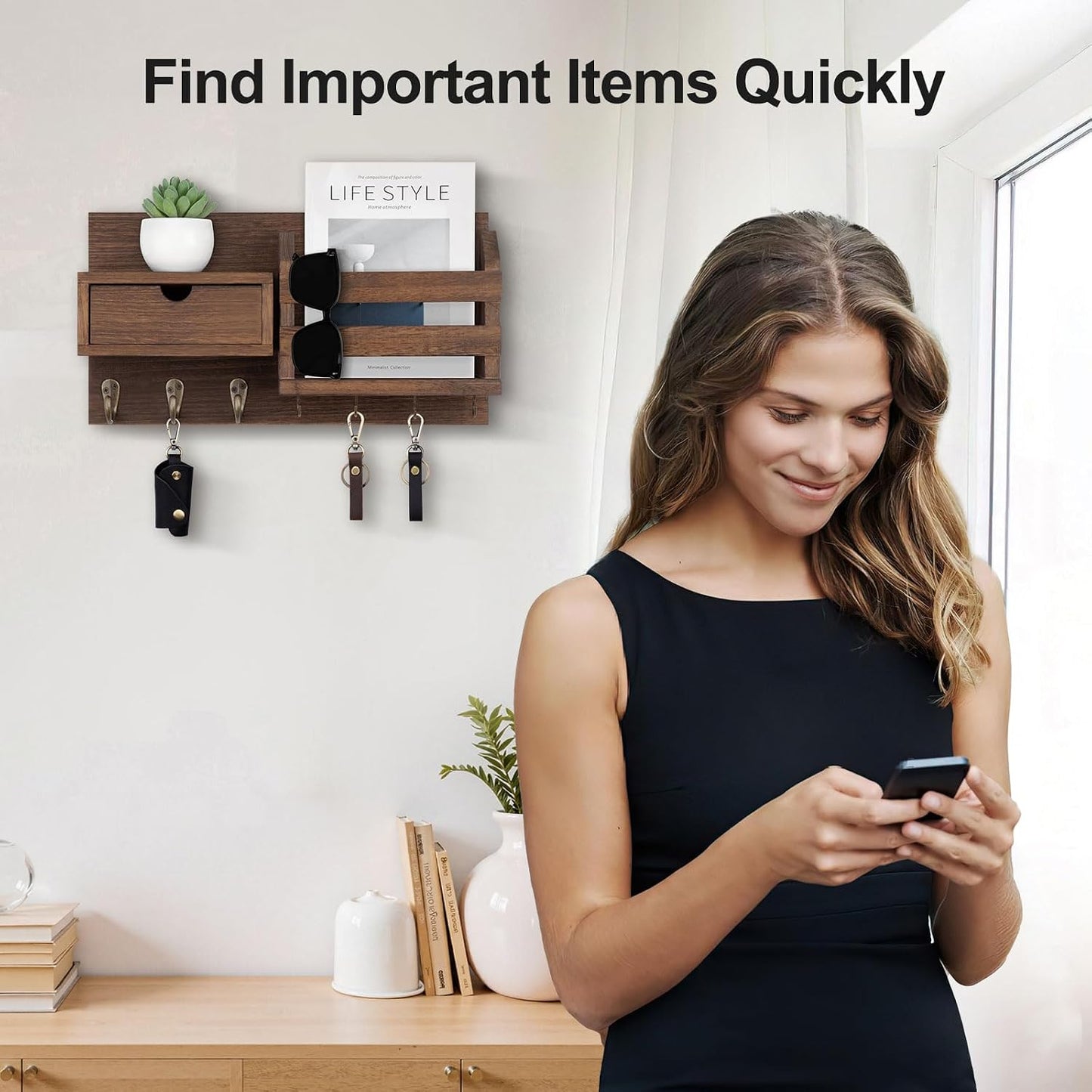 Lwenki Wall Mount Key Holder with Mail Organizer, 100% Paulownia Wood, 7 Metal Hooks, Storage Drawer, Entryway Home Decor (Brown)