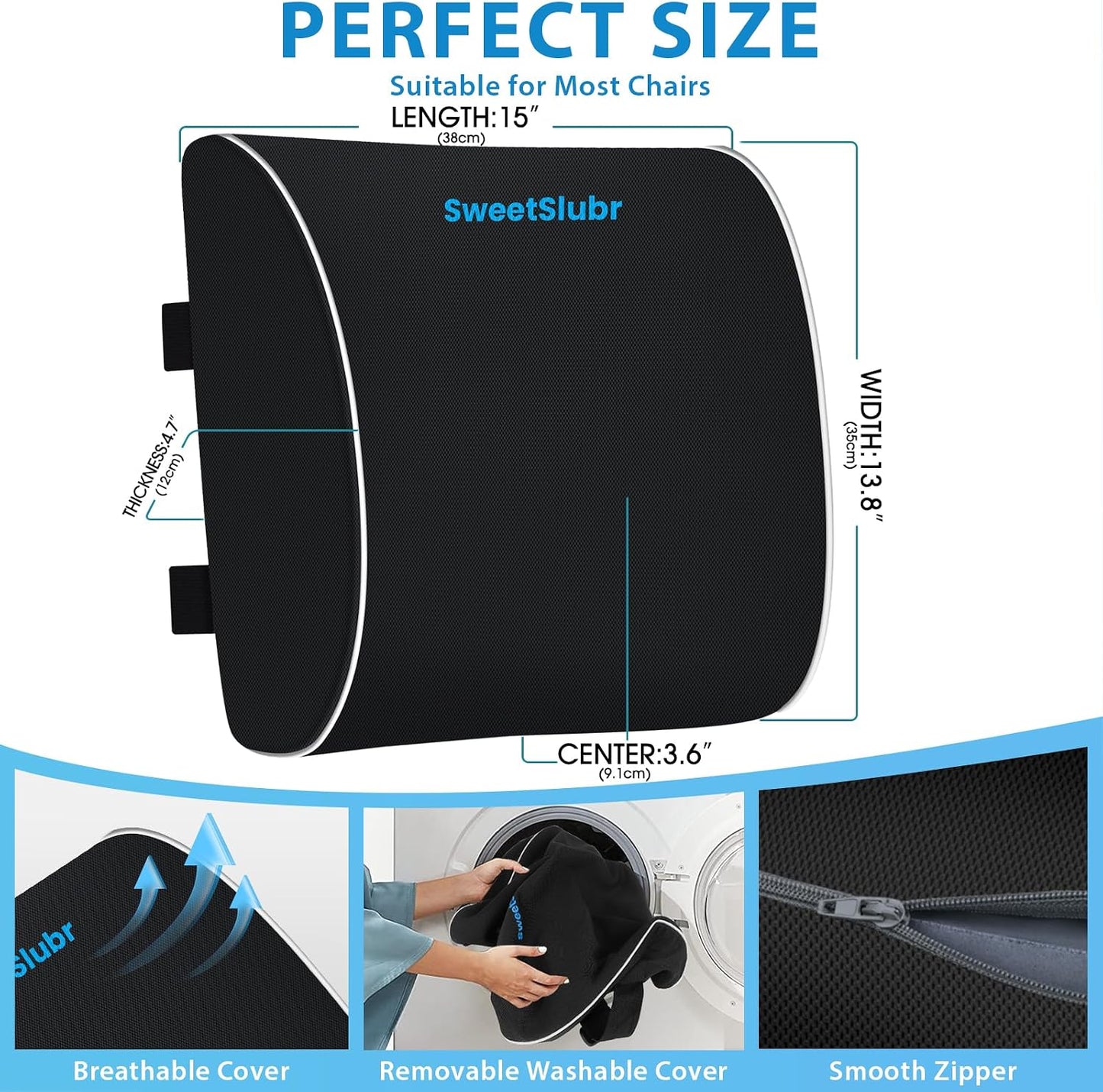 SweetSlubr Lumbar Support Pillow for Office Chair, Car & Gaming Chair, Ergonomic Memory Foam Cushion for Back Comfort, Zoned Back Support, Double Adjustable Straps, Breathable Washable Cover, Black