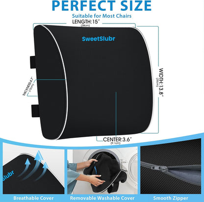 SweetSlubr Lumbar Support Pillow for Office Chair, Car & Gaming Chair, Ergonomic Memory Foam Cushion for Back Comfort, Zoned Back Support, Double Adjustable Straps, Breathable Washable Cover, Black
