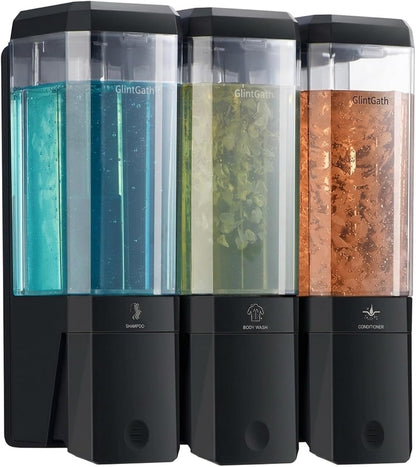 GlintGath Shower Dispenser 3 Chamber No Drill Wall Mounted Shampoo Conditioner Body Wash Dispenser, Large Capacity 1500ML, Black