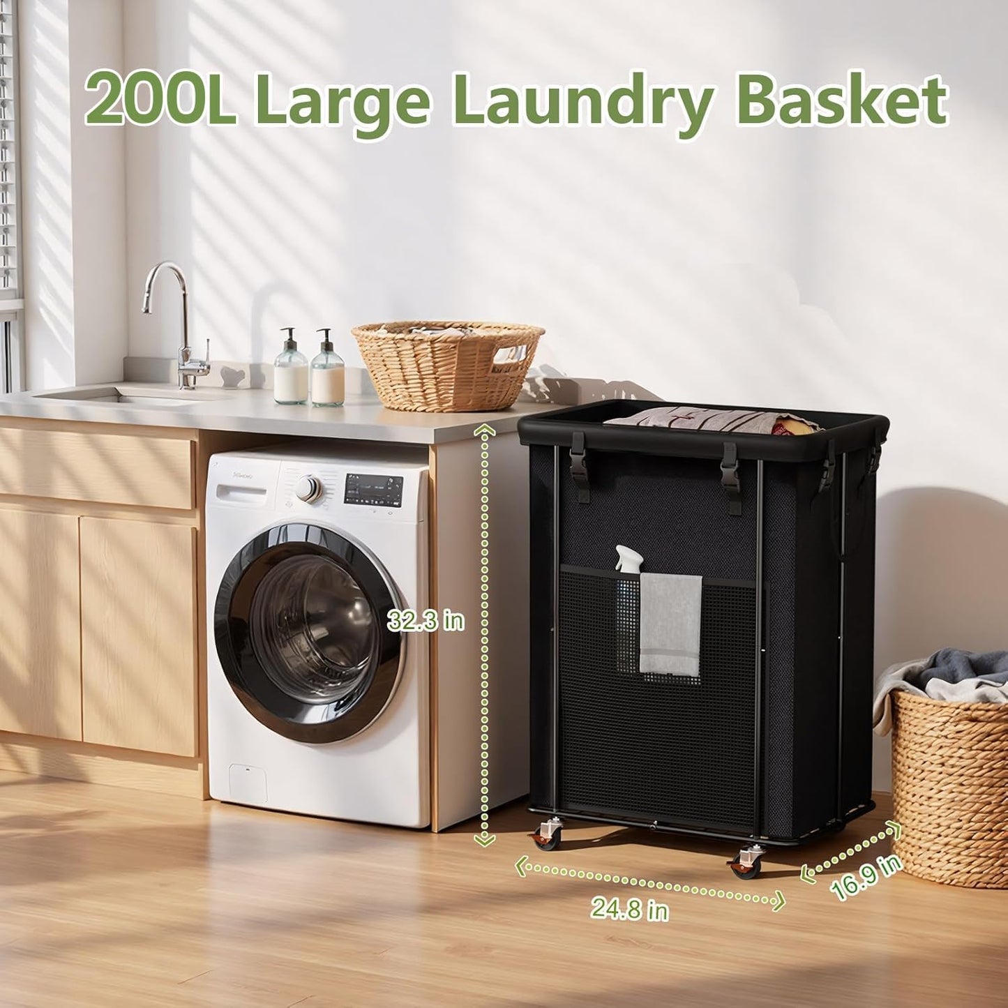 Laundry Hamper with Wheels, 150L Rolling Laundry Basket with Bag & Handles | Sturdy Metal Frame | Removable Bag | Large & Tall Dirty Clothes Hampers for Laundry Room, Bedroom, Dorm, Bathroom-Black