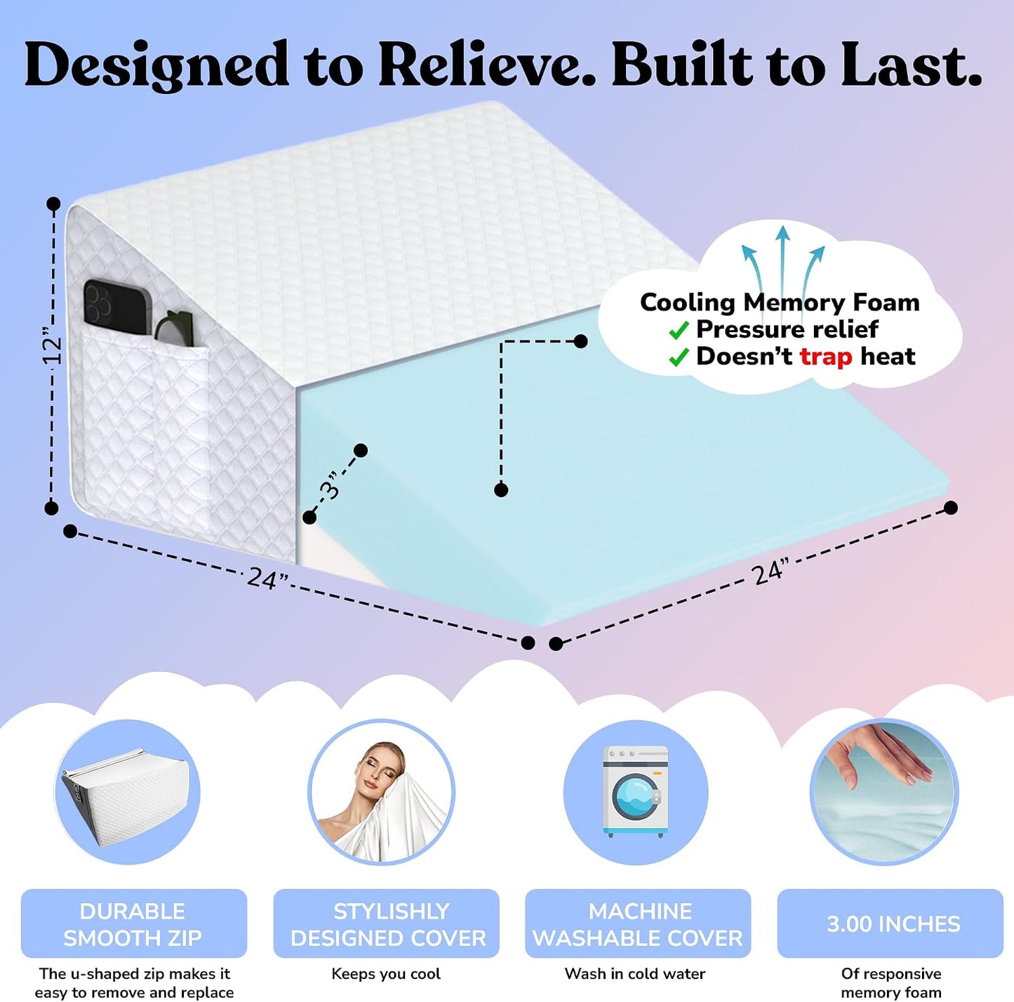 12" Bed Wedge Pillow for GERD, Acid Reflux, Sleep Apnea, Snoring | Cooling 3" memory foam top and cover for side sleepers, post-surgery, back support and leg elevation U-shaped easy-off/on zip