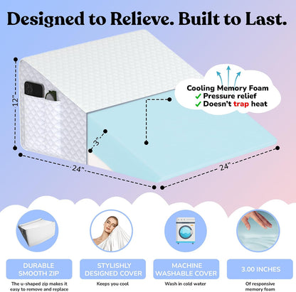 12" Bed Wedge Pillow for GERD, Acid Reflux, Sleep Apnea, Snoring | Cooling 3" memory foam top and cover for side sleepers, post-surgery, back support and leg elevation U-shaped easy-off/on zip