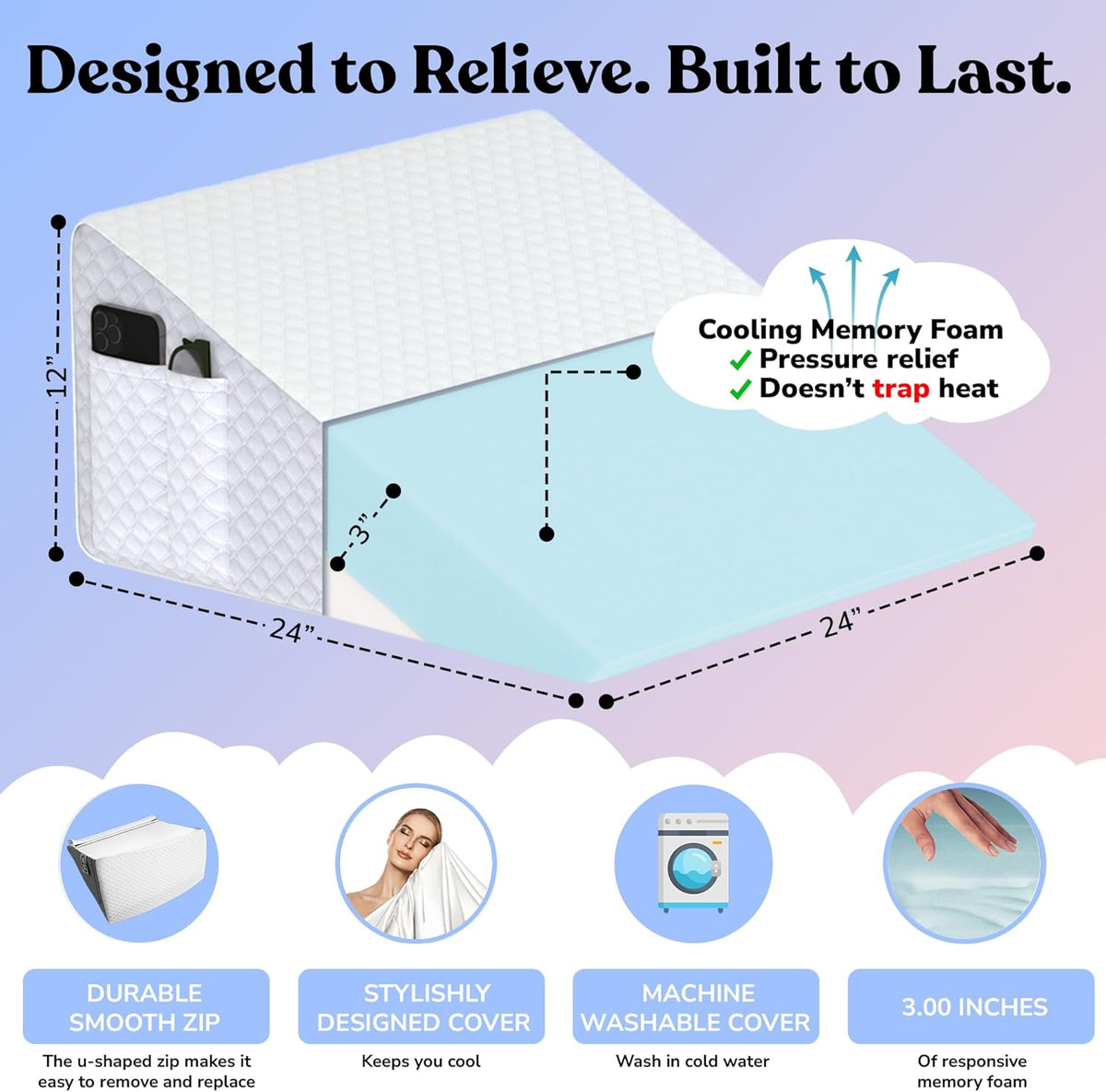 Sleepnitez 12" Bed Wedge Pillow for GERD, Acid Reflux, Sleep Apnea, Snoring