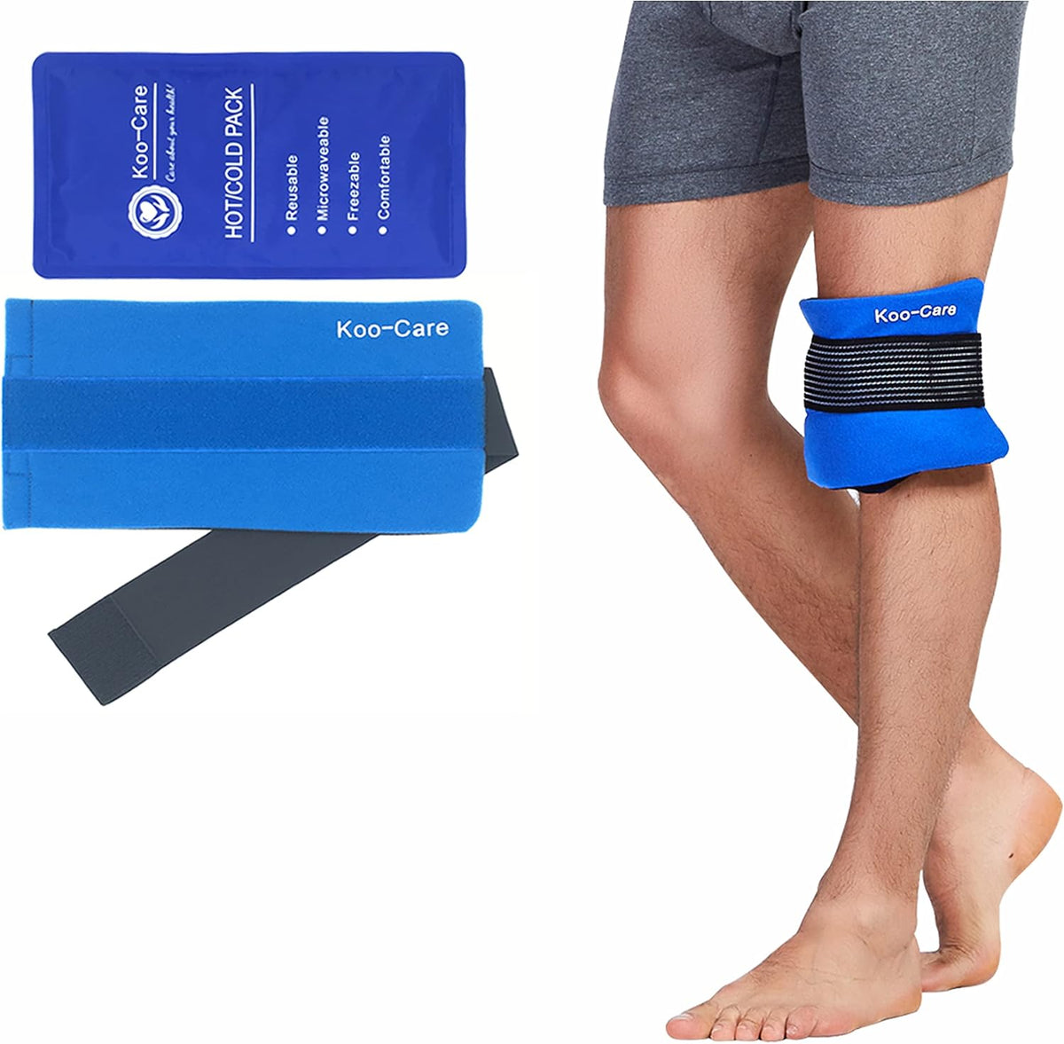Koo-Care Flexible Gel Ice Pack & Wrap with Elastic Strap for Hot Cold Therapy - Great for Migraine Relief, Sprains, Muscle Pain, Bruises, Injuries (Head, Neck, Arm, Elbow, Knee, Ankle)