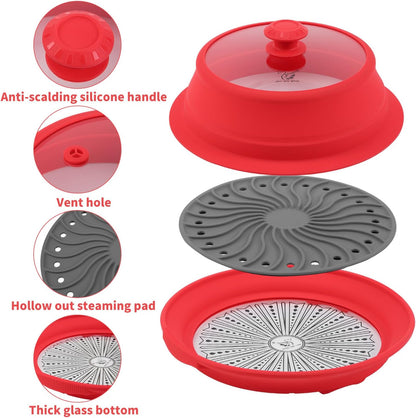 Collapsible Microwave Splatter Lid with Vented Tempered Glass Cover Wok Lid for Microwave Safe, Stockpot Steamer Pot Pan Round Bowl Plate 5" 6" 7" 8" 9" 10" Universal Multifunction Silicone Cover