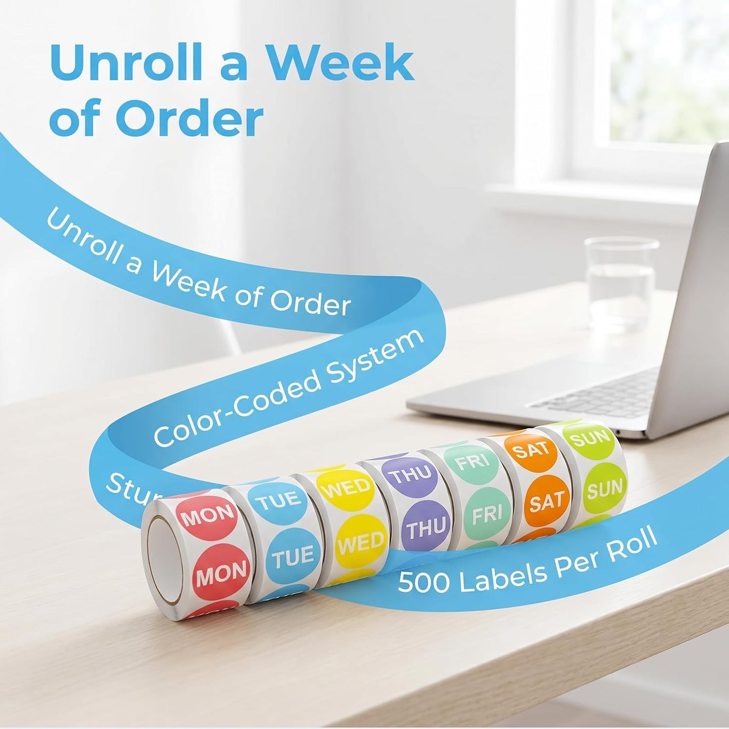 Day of the Week Sticker Labels, 1" Round, 7 Rolls, 500 per Roll | Color-Coded Dot, Removable Self Adhesive, For Food Containers