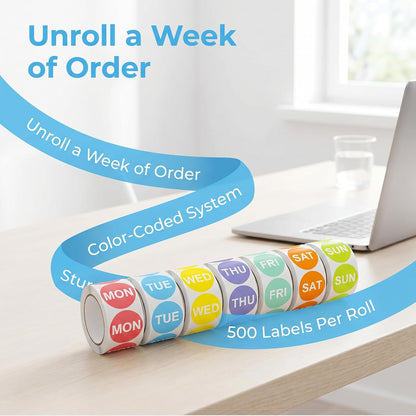 Day of the Week Sticker Labels, 1" Round, 7 Rolls, 500 per Roll | Color-Coded Dot, Removable Self Adhesive, For Food Containers