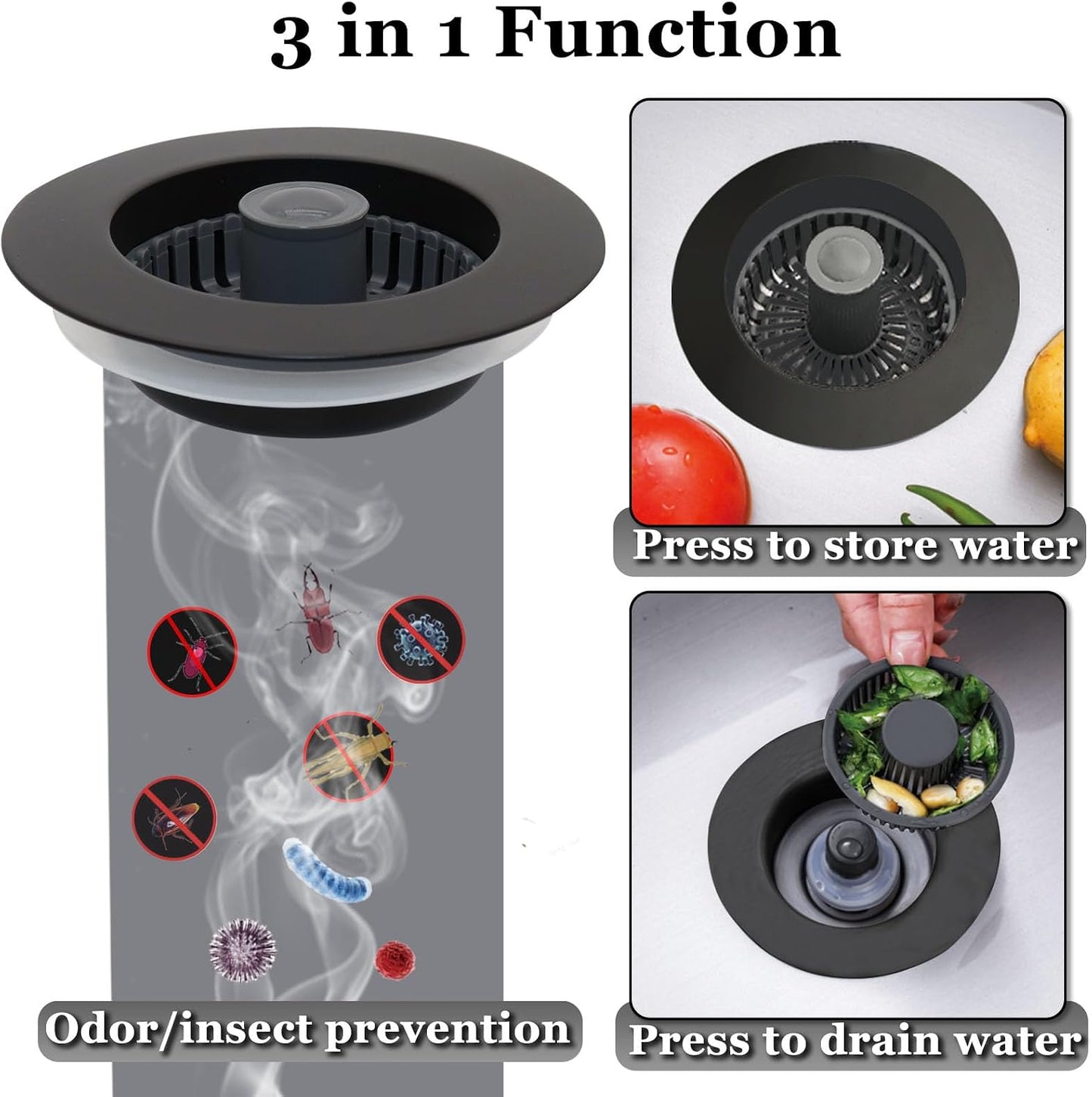 BAOLSLS 3 in 1 Kitchen Sink Stopper, Pop Up Kitchen Sink Drain Strainer | with An Extra Basket Strainer, Kitchen Sink Drain Stopper for US Standard 3-1/2 Inch, Chrome Silver