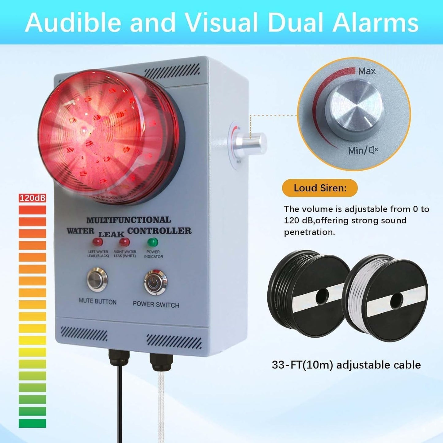 Professional Water Leak Alarm, Water Leak Detector with Dual Probes, 120dB Adjustable Audible/Visual Alarm, 33FT Cable, All-Metal Industrial for Sump Pump/Basement/Septic Tank/Well/Factory/Warehouse