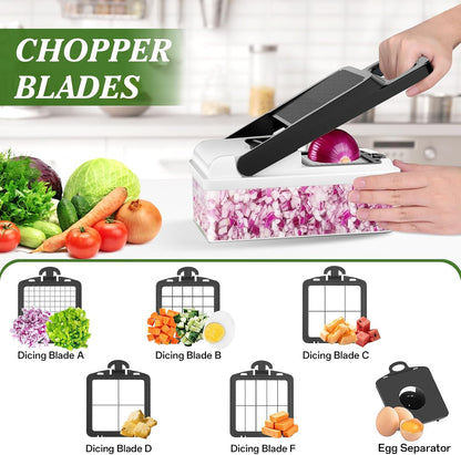 HomeHacks Vegetable Chopper Vegetable Cutter, 12 in 1 Kitchen Gadget, Dicer, Slicer, Onion Cutter, Salad, Cheese Grater & Egg Separator - Multi-Functional Veggie Chopper Lid with Handle (Green)