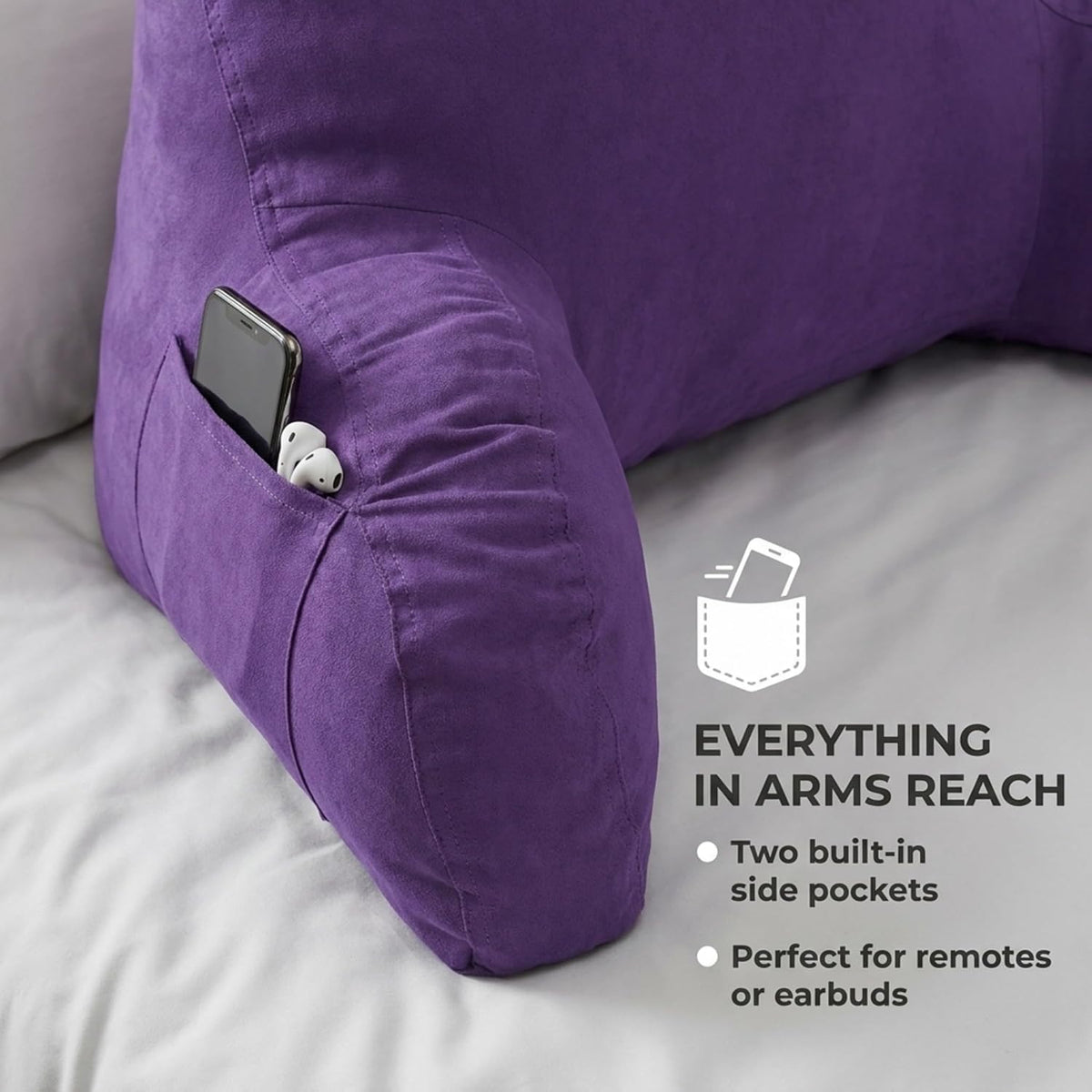 Deluxe Comfort Microsuede Bed Rest - Reading and Bedrest Lounger - Sitting Supprt Pillow - Soft But Firmly Stuffed Fiberfill - Backrest Pillow With Arms, Light Purple