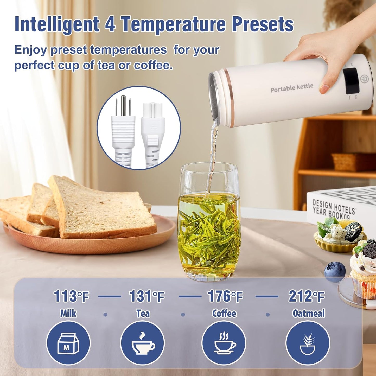 Touxila Portable Electric Kettle for Travel 120V, 13.5oz, 4 Temp Settings | 304 Stainless Steel Lining,Fast Boiling Water,Auto Shut-Off,Boil Dry Protection,Small Kettle for Office & Hotel(Beige, 400ML)