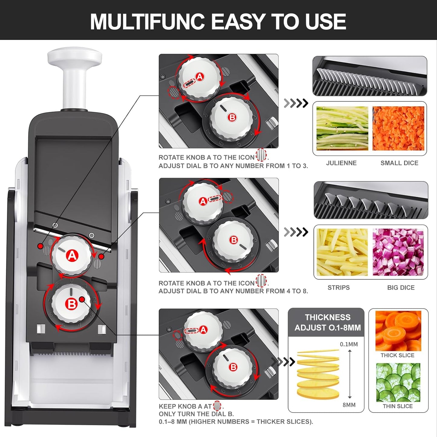 QYKIC Safe Mandoline Slicer for Kitchen, Adjustable Potato Slicer Pro | 0.1-8mm Vegetable Chopper Fry Cutter Julienne Dicer Large Chute Stainless Steel Blades Detachable Dishwasher Safe Gifts