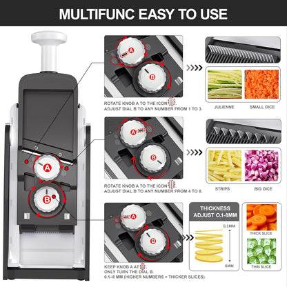 QYKIC Safe Mandoline Slicer for Kitchen, Adjustable Potato Slicer Pro | 0.1-8mm Vegetable Chopper Fry Cutter Julienne Dicer Large Chute Stainless Steel Blades Detachable Dishwasher Safe Gifts