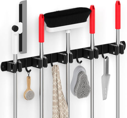 4 Pack Stainless Steel Mop and Broom Holder Wall Mount with Hook, Silver | Screw Drilling or Self Adhesive Storage Rack for Closet Laundry Garage Garden Tool Organizer