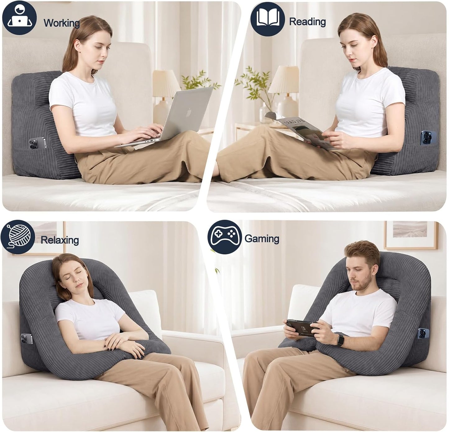 Reading Pillow for Bed, Backrest Pillow with Arms for Adult | Bed Pillow for Sitting Up, Back Support Pillows for Sleeping, Reading and Gaming with Shredded Memory Foam, Gray