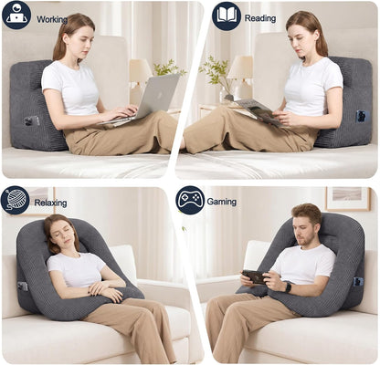Reading Pillow for Bed, Backrest Pillow with Arms for Adult | Bed Pillow for Sitting Up, Back Support Pillows for Sleeping, Reading and Gaming with Shredded Memory Foam, Gray