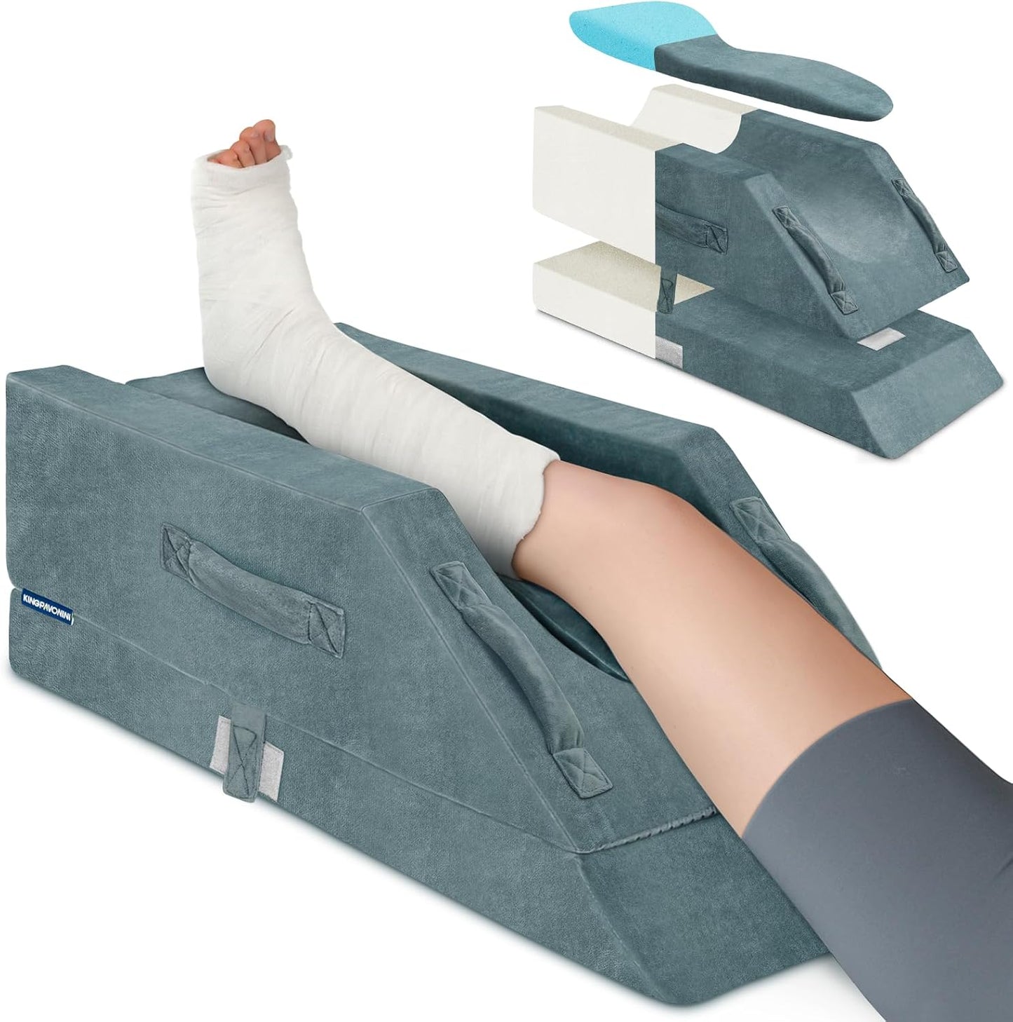 KingPavonini 4-Height Adjustable Leg Elevation Pillows for After Surgery | Soft Yet Supportive Memory Foam, Fits Various Heights, Relieve Pain & Swelling, 4 Handles & Insert Pad, Washable Velvet Cover
