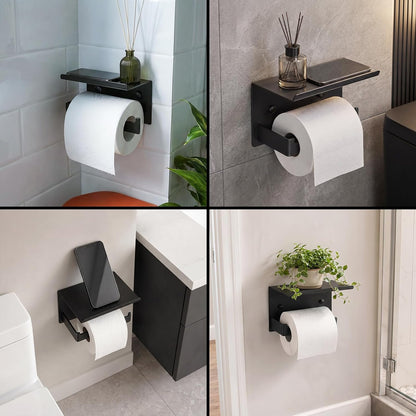 Matte Black Toilet Paper Holder with Shelf | No-Drill Adhesive Wall Mount, Rustproof，For Bathroom, Washroom, RV, Kitchen, Washroom, Convenient Storage Shelf