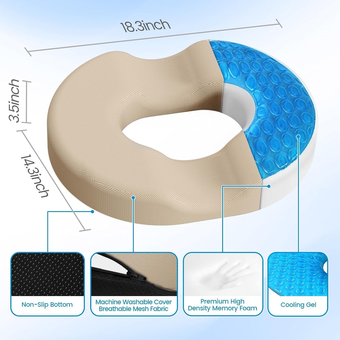 Donut Pillow Seat Cushion, Cooling Gel Memory Foam Chair Cushion, Black | Office, Home & Car Seat Cushion, Butt Pillow for Tailbone Pain Relief, Hemorrhoids and Everyday Sitting Comfort