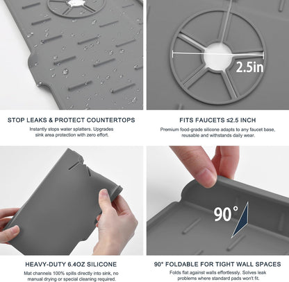 Kitchen Sink Splash Guard Silicone Faucet Mat for Kitchen Sink Grey | Sink drain pad behind faucet, Sink rubber mat around faucet guard & draining mat, bathroom sink protector Water Catcher Mat