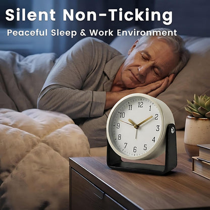 Analog Alarm Clock - 4.5" Silent Non Ticking Small Clock with Light, Rotatable Stand Metal Desk Clock Battery Operated, Simple Design for Living Room Decor/ Bedroom/Bedside/Shelf (Black & White)