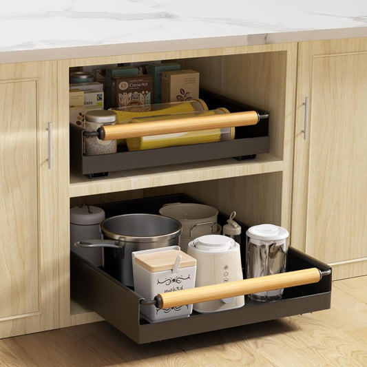 2 Pack 15.3'' Deep Expandable Slide Out Cabinet Shelf No-Drill Pull Out Drawer with Nano Film Adhesive, Heavy Duty Pull Out Tray for Kitchen, Pantry & Bathroom, Black
