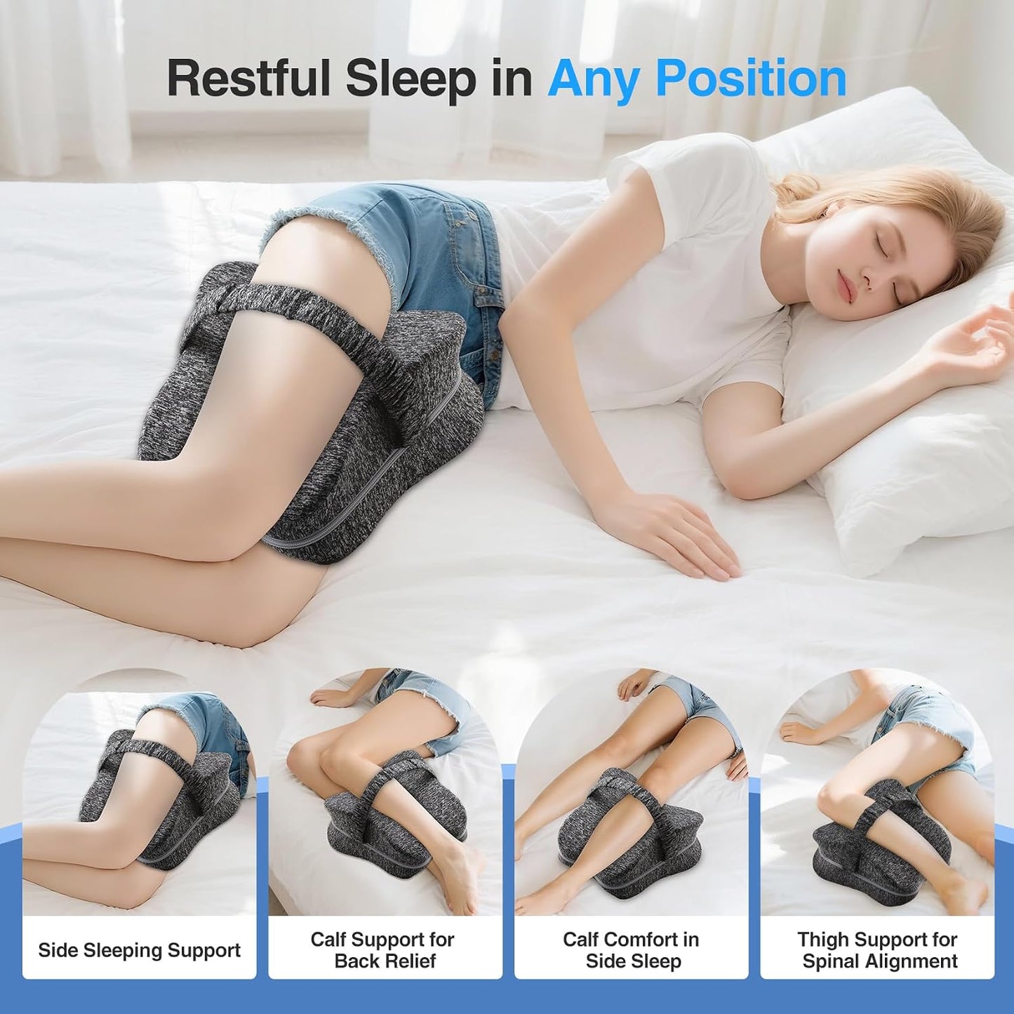 Knee Pillow for Side Sleepers, Memory Foam Leg Pillow for Side Sleeping with Strap, Alignment Pillows Between Legs for Sciatica, Back & Hip Pain Relief (Grey)