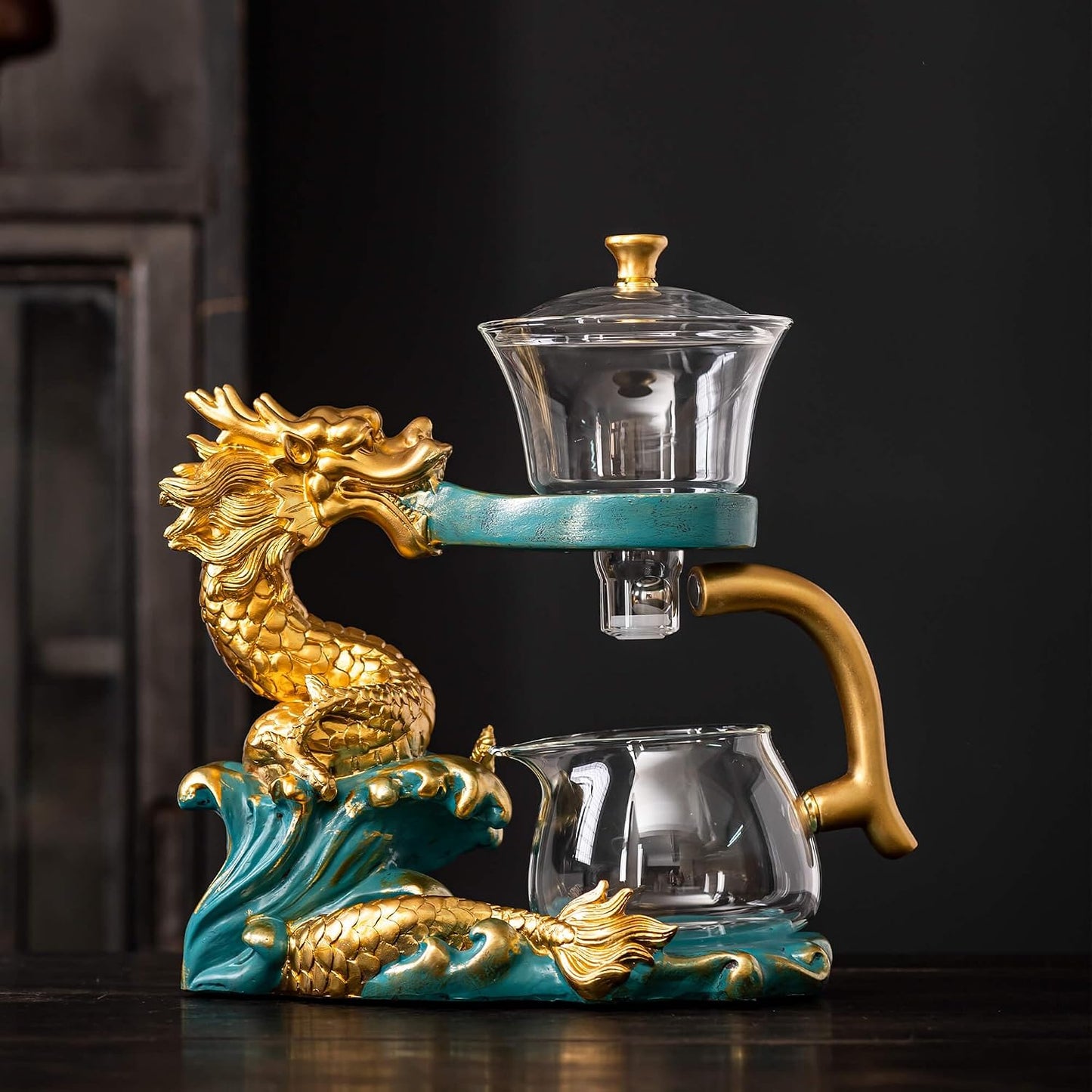 Glass Kungfu Teapot Set Tea maker with Infuser Semi Automatic Tea Set with 6 Small Cups (Red)