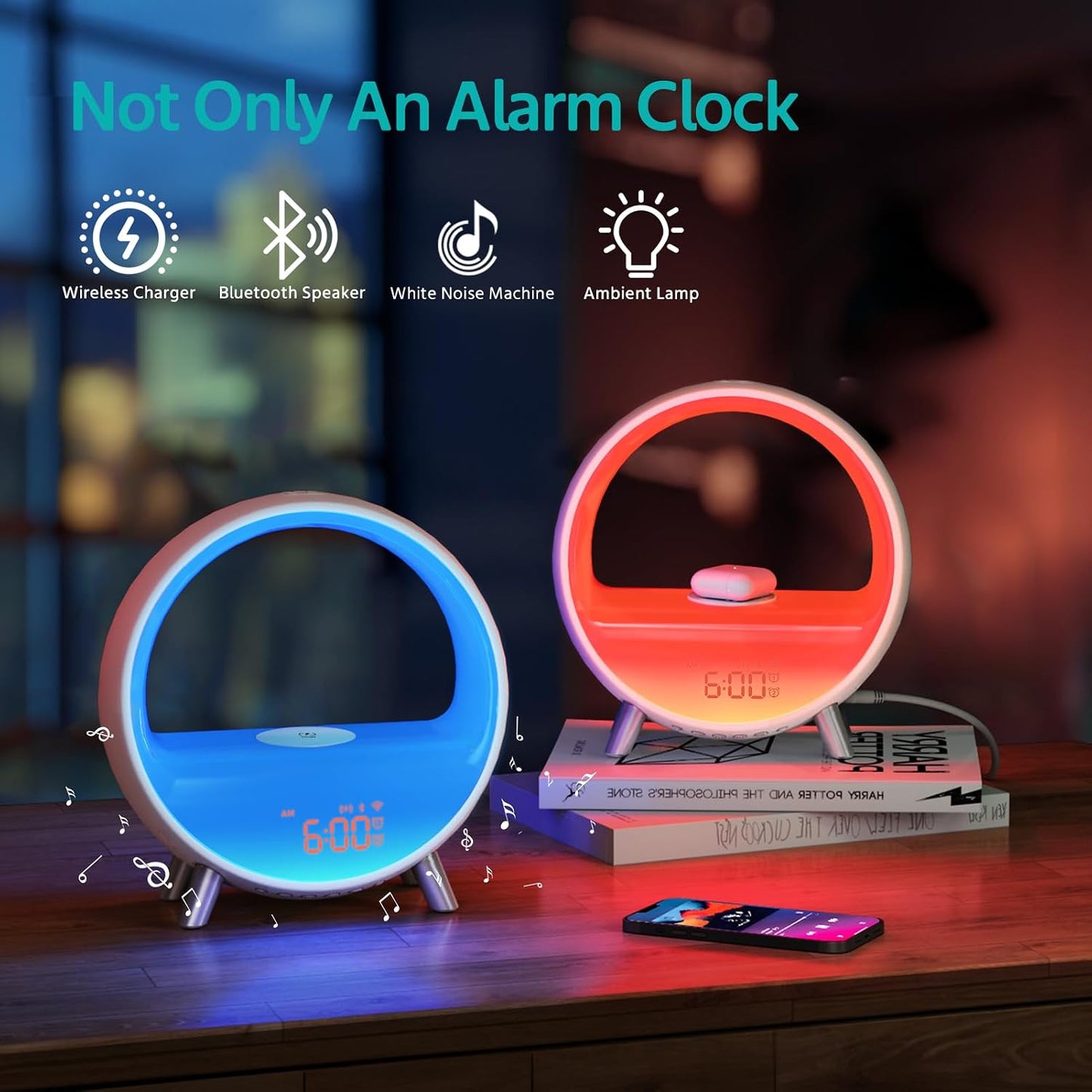 MOMILLA Smart Sunrise Alarm Clock with Wireless Charging Station, App Control Wake-Up Light & White Noise Sound Machine, Bluetooth Speaker, Compatible with Airpods/iPhone for Bedrooms & Heavy Sleepers | Bluetooth Speaker App Control,Wake-Up Light,White