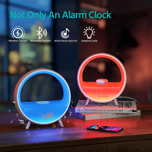 MOMILLA Smart Sunrise Alarm Clock with Wireless Charging Station, App Control Wake-Up Light & White Noise Sound Machine, Bluetooth Speaker, Compatible with Airpods/iPhone for Bedrooms & Heavy Sleepers | Bluetooth Speaker App Control,Wake-Up Light,White