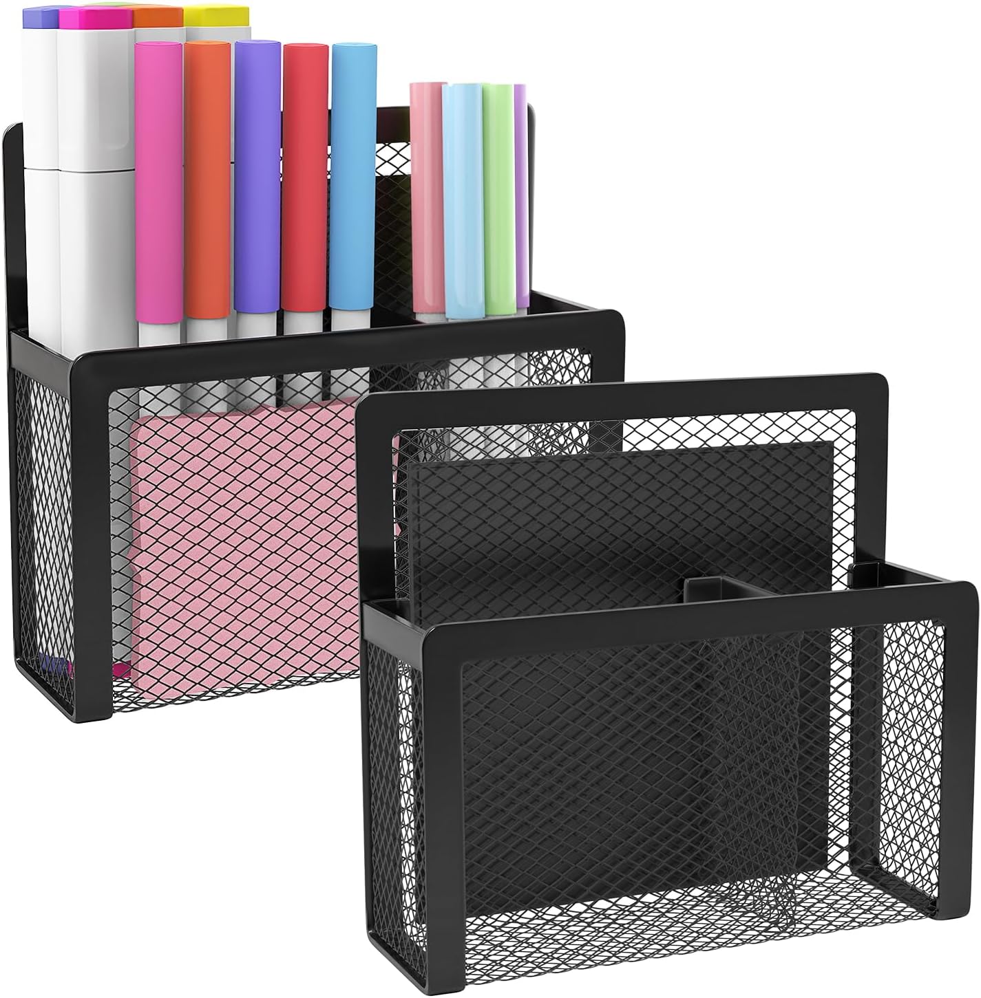 MoKo Magnetic Pen Holder, 2-Pack Mesh Organizer, Black | Magnetic marker holder has two compartments and an iron mesh body for refrigerators, whiteboards and cabinets.