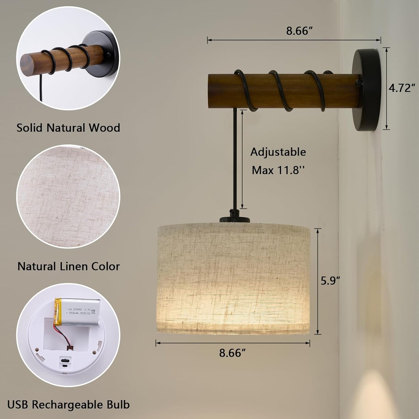 XSDeTu Battery Operated Wall Sconce with Remote, Rechargeable Battery Powered Wall Light, 3 Colors Dimmable Wall Mounted Lights, Adjustable Lamp for Bedroom Bedside, Wooden Arm, Fabric Shade, 2 Pcs