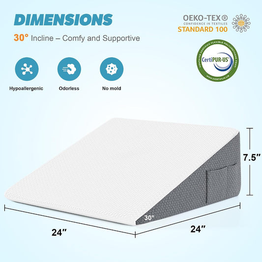Wedge Pillow for Sleeping - 12 Inch Bed Wedge for Headboard Triangle Pillow, Memory Foam Wedges for Acid Reflux, GERD, Snoring, Post Surgery Back Pain Relief, Leg Elevation, Washable Cover