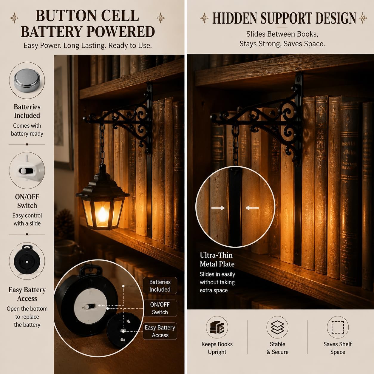 Library Lantern-Decorative Bookshelf Lighting, Mini Bookshelf Lamp Slides Between Books, Warm Amber LED Bookshelf Lights for Book Nook, Shelf Decor Gift for Book Lovers(Classic Lantern)