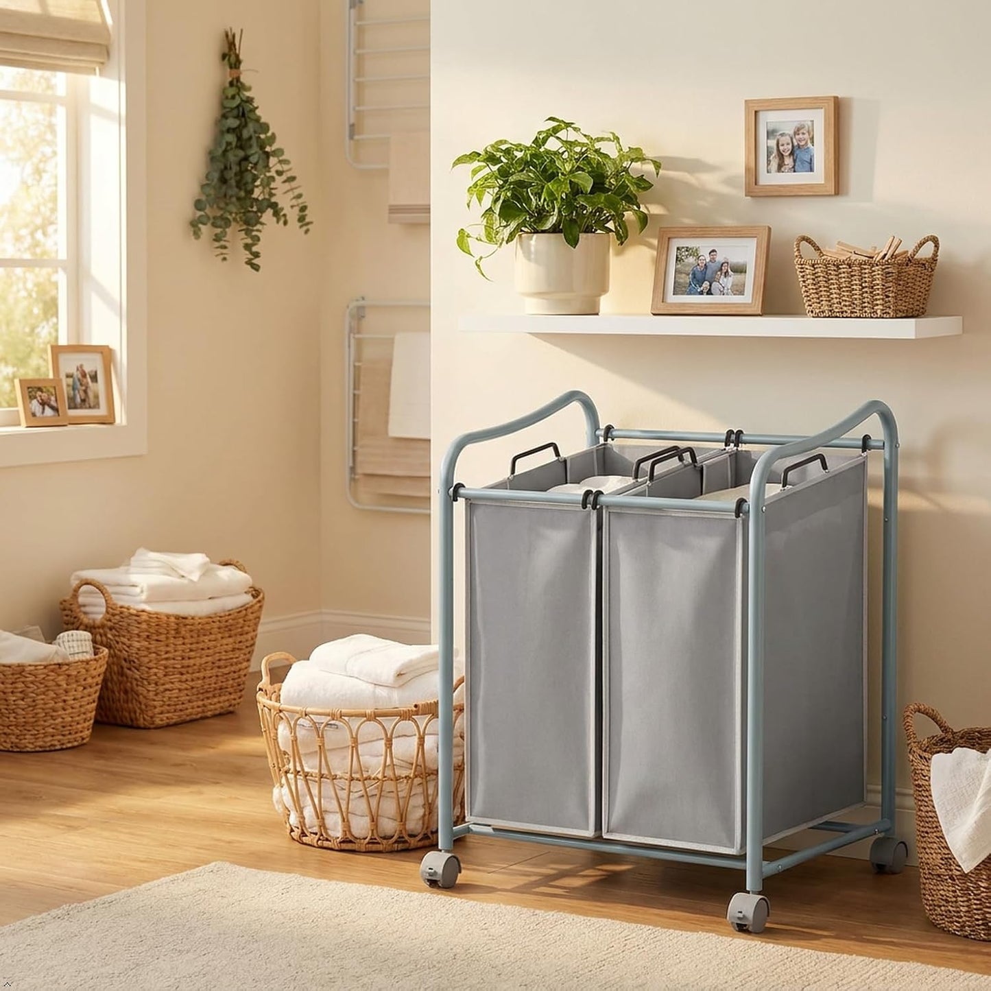 Simple Houseware 2-Bag Heavy Duty Laundry Sorter Rolling Cart, Dark Grey | Removable Bags and Lockable Wheels for Laundry Room Organization